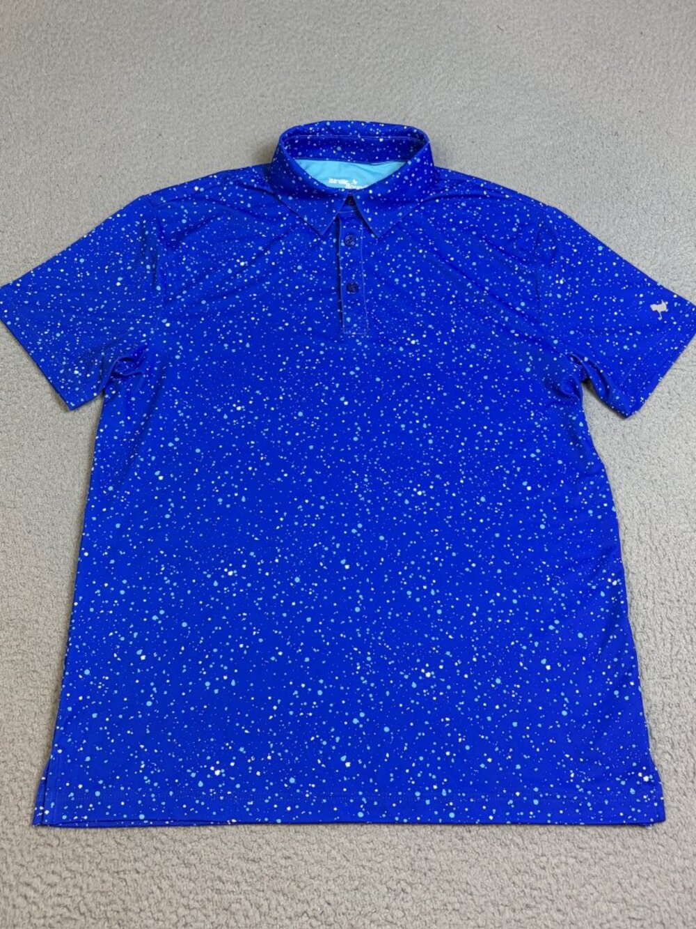 Birdie Bound Polo Mens Size Small Blue Splatter Paint Golf Buttons Casual Logo